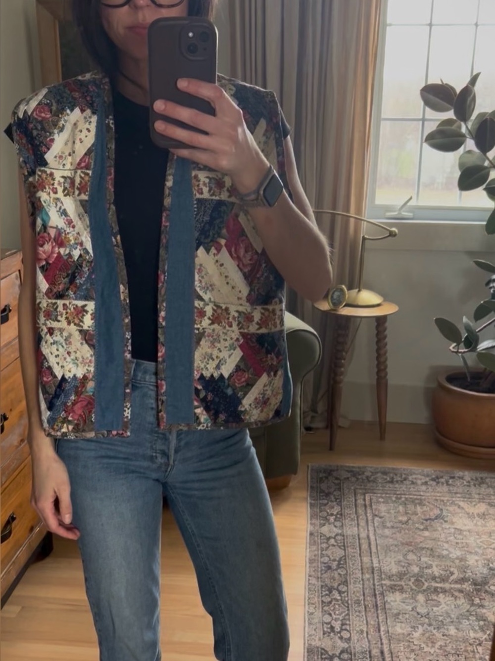 Quilted Floral Patchwork Vest - Blue Multicolor